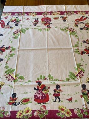 Vintage African Americana Cotton Tablecloth Rare Mammy & Family‎ Work On Farm